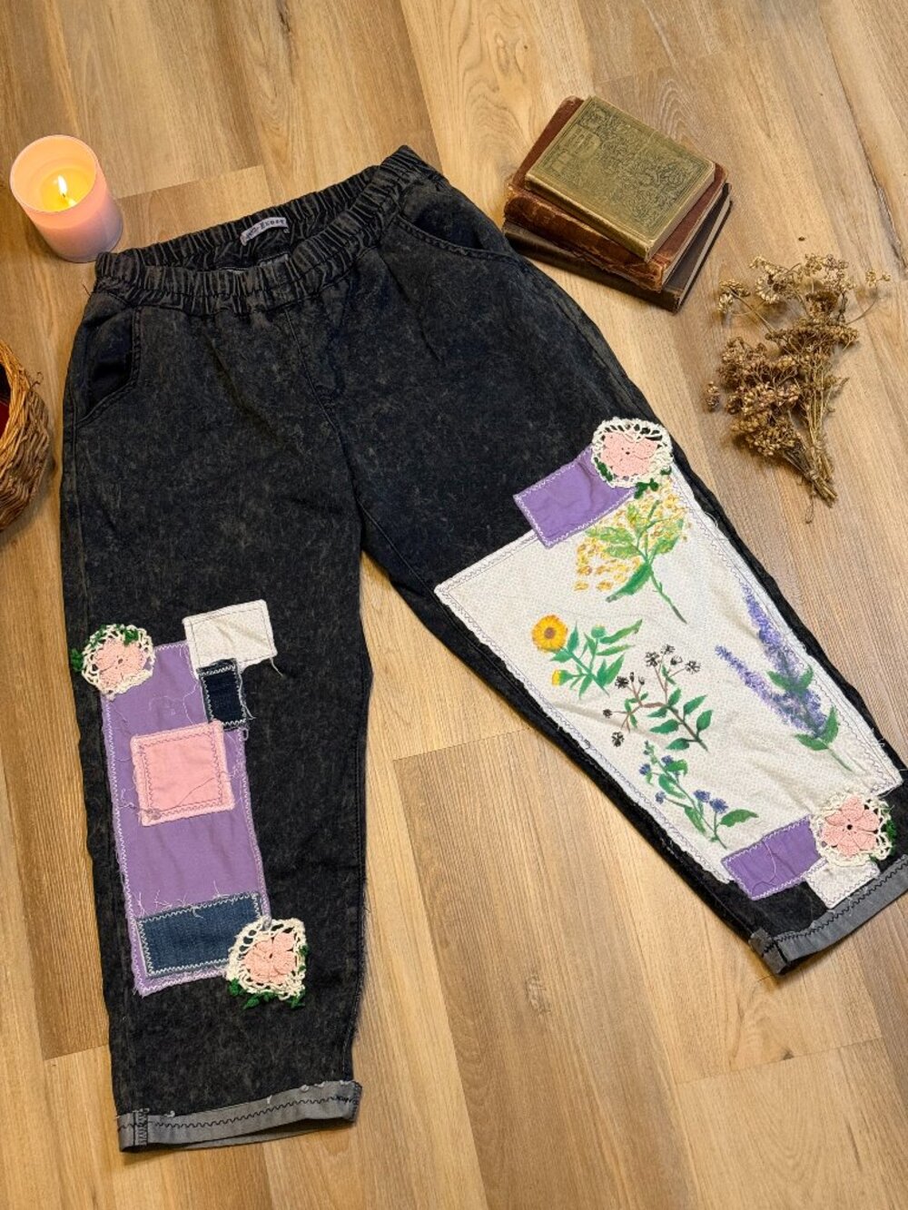 Upcycled Hand Painted Botanical Floral Patchwork Cropped Baggy Jeans